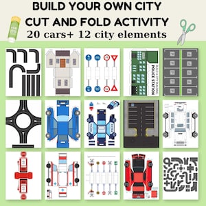 Pode incluir: Um conjunto de atividades de cortar e dobrar colorido para construir uma cidade, com 20 modelos de carros e 12 elementos urbanos. Inclui uma delegacia de polícia, sinais de trânsito e um posto de gasolina. Inclui também tesoura e cola.