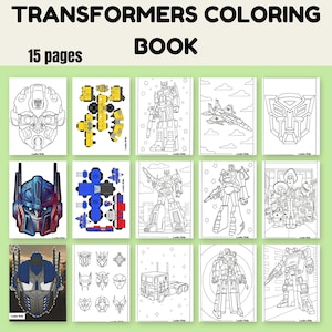 May include: A Transformers coloring book with 15 pages. The cover features the text "TRANSFORMERS COLORING BOOK" in bold black letters. The pages inside feature various Transformers characters and designs, perfect for kids.