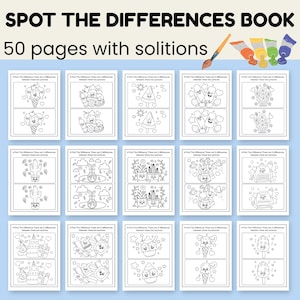 May include: A black and white "Spot the Differences Book" with 50 pages of solutions. The book features pairs of illustrations of ice cream cones, cacti, and other cute objects. A paintbrush and paint tubes are in the upper right corner.