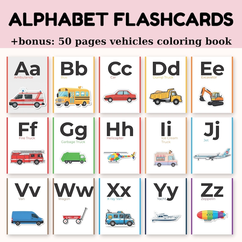 Vehicles Alphabet Flashcards – Bonus 50 Pages Vehicles Coloring Book ...