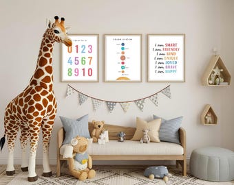 May include: A nursery scene featuring a large giraffe, a wooden bench with stuffed animals, and three framed educational prints. The prints display numbers, the solar system, and positive affirmations in colorful text.