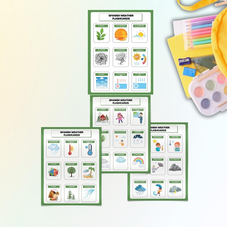 Spanish Weather Flashcards | Bilingual Learning, 36 Words (PDF) - Etsy
