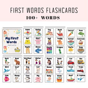 Puede incluir: Un conjunto de "Tarjetas Flash de Primeras Palabras" con más de 100 palabras. Las tarjetas presentan ilustraciones coloridas de varios objetos, animales y alimentos, incluyendo un coche, un oso de peluche y un pez. El conjunto incluye una tarjeta de portada con el título y una ilustración de bebé.