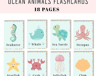 18ページの子供向け海洋動物フラッシュカード｜印刷可能な海洋生物学習カード｜教育用フラッシュカード