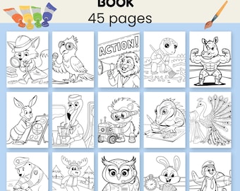Op de afbeelding: Een kleurboek getiteld "DIEREN OP HET WERK KLEURBOEK" met 45 pagina's. De omslag toont een verzameling zwart-wit illustraties van dieren in verschillende beroepen, waaronder een vosdetective en een papegaaireporter.
