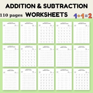 May include: A collection of 15 worksheets for addition and subtraction practice. The worksheets are printed on white paper with black text and include space for the student's name, date, and score. The title reads "ADDITION & SUBTRACTION WORKSHEETS".