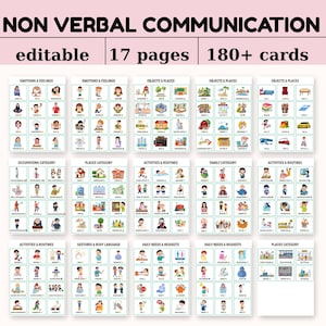 May include: A set of flashcards for non-verbal communication, featuring 17 pages and over 180 cards. The cards cover emotions, objects, places, occupations, activities, and daily needs. The text "NON VERBAL COMMUNICATION" and "editable" are visible.