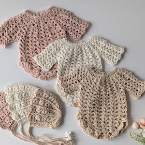 Newborn girl romper and bonnet, newborn photography prop, hand knitted props, newborn girl romper, newborn girl outfit, coming home outfit