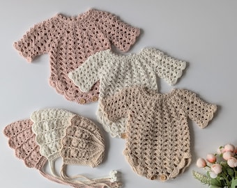 Newborn girl romper and bonnet, newborn photography prop, hand knitted props, newborn girl romper, newborn girl outfit, coming home outfit