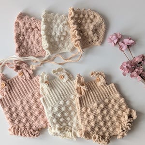 Newborn crochet romper and bonnet, newborn photography prop, hand knitted props, newborn knitwear, newborn girl outfit, coming home outfit