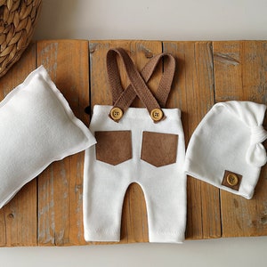 Newborn White Boy Set, Newborn Boy Props, Suspender Pants, Pillow, Sleepy Hat, Baby Photo Prop Set, White Pants