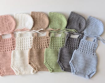 Newborn crochet romper and bonnet, newborn photography prop, hand knitted props, newborn knitwear, newborn outfit, coming home outfit