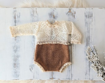 Beige and Caramel Newborn Girl Romper, Girl Photo Outfit, Newborn Girl Romper, Newborn Photography Props, Newborn Romper, Girl Props