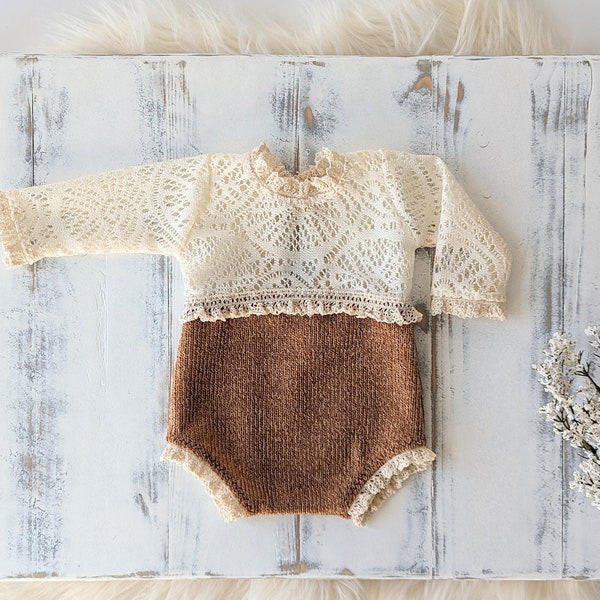 Beige and Caramel Newborn Girl Romper, Girl Photo Outfit, Newborn Girl Romper, Newborn Photography Props, Newborn Romper, Girl Props