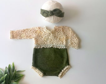 Beige and Green Newborn Girl Romper, Girl Romper and Headband, Newborn Girl Romper, Newborn Photography Props, Newborn Romper, Girl Props