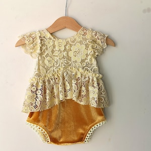Yellow Lace and Velvet Sitter Outfit, Baby Girl Romper, Sitter Photo Props, Photography Prop Outfit, Sitters Photo Prop, Girl Props