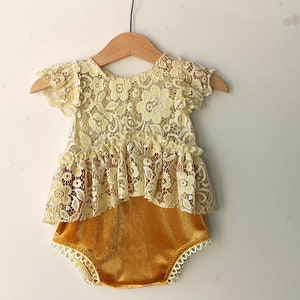 Yellow Lace and Velvet Sitter Outfit, Baby Girl Romper, Sitter Photo Props, Photography Prop Outfit, Sitters Photo Prop, Girl Props