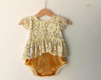 Yellow Lace and Velvet Sitter Outfit, Baby Girl Romper, Sitter Photo Props, Photography Prop Outfit, Sitters Photo Prop, Girl Props