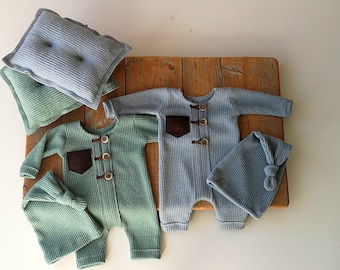 Newborn romper set, blue and green photo set, newborn photo prop, newborn romper, newborn boy set, boy photo props, romper with buttons