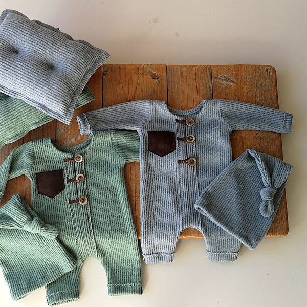 Newborn romper set, blue and green photo set, newborn photo prop, newborn romper, newborn boy set, boy photo props, romper with buttons