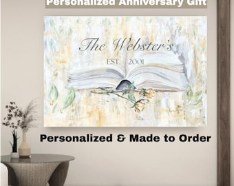 Last Name Canvas Sign | Custom Couple Wedding Wall Art | Personalized Gift for Family and Anniversary | Neutral Minimalist Floral Painting