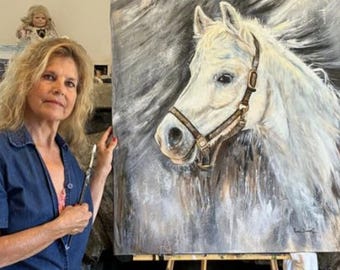 Hand-Painted Cowboy Canvas Wall Art Original 24 x30 Horse Portrait Animal Painting