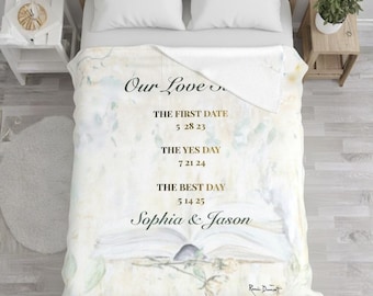 Personalisierte Hochzeitsdecke Love Story Namen und Datum | Jahrestags-Verlobungs-Überwurf, individuelles Paargeschenk