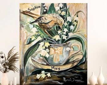 Personalized Month May Birth Flower Lily of the Valley Painting | For Friends Gift | Vintage Original Custom Hand Painted Art  | Mom Gift