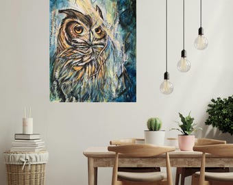 Lámina decorativa de búho para pared / Lindo búho como decoración / Regalo ideal para amantes de las aves / Decoración de pared para el hogar, lista para colgar.