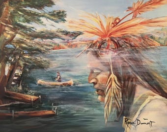 Indio americano orando en un lago / Lámina decorativa para casa de lago / Decoración de cabaña