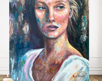 Lienzo abstracto con mujer / Pintura femenina contemporánea / Obra de arte de estilo vintage / Regalo artístico para una amiga