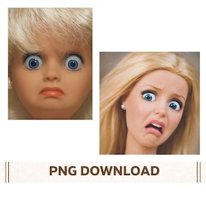 Könnte beinhalten: Zwei Bilder eines Puppengesichts mit blonden Haaren und großen blauen Augen. Ein Bild zeigt das Gesicht einer Puppe mit neutralem Ausdruck, während das andere ein Gesicht mit schockiertem Blick zeigt. Der Text "PNG DOWNLOAD" steht unten.