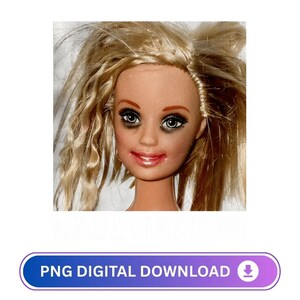 May include: A doll's face with messy blonde hair, smudged eye makeup, and red lipstick. The doll's face is centered in the image. A blue and purple button at the bottom of the image reads "PNG DIGITAL DOWNLOAD".
