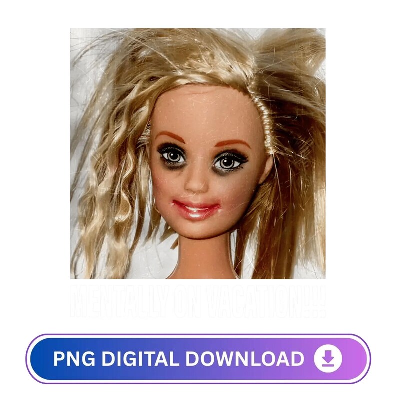 May include: A doll's face with messy blonde hair, smudged eye makeup, and red lipstick. The doll's face is centered in the image. A blue and purple button at the bottom of the image reads "PNG DIGITAL DOWNLOAD".