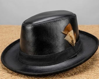 Black Leather Traditional 1920s and 30s New York Style Fedora Hat
