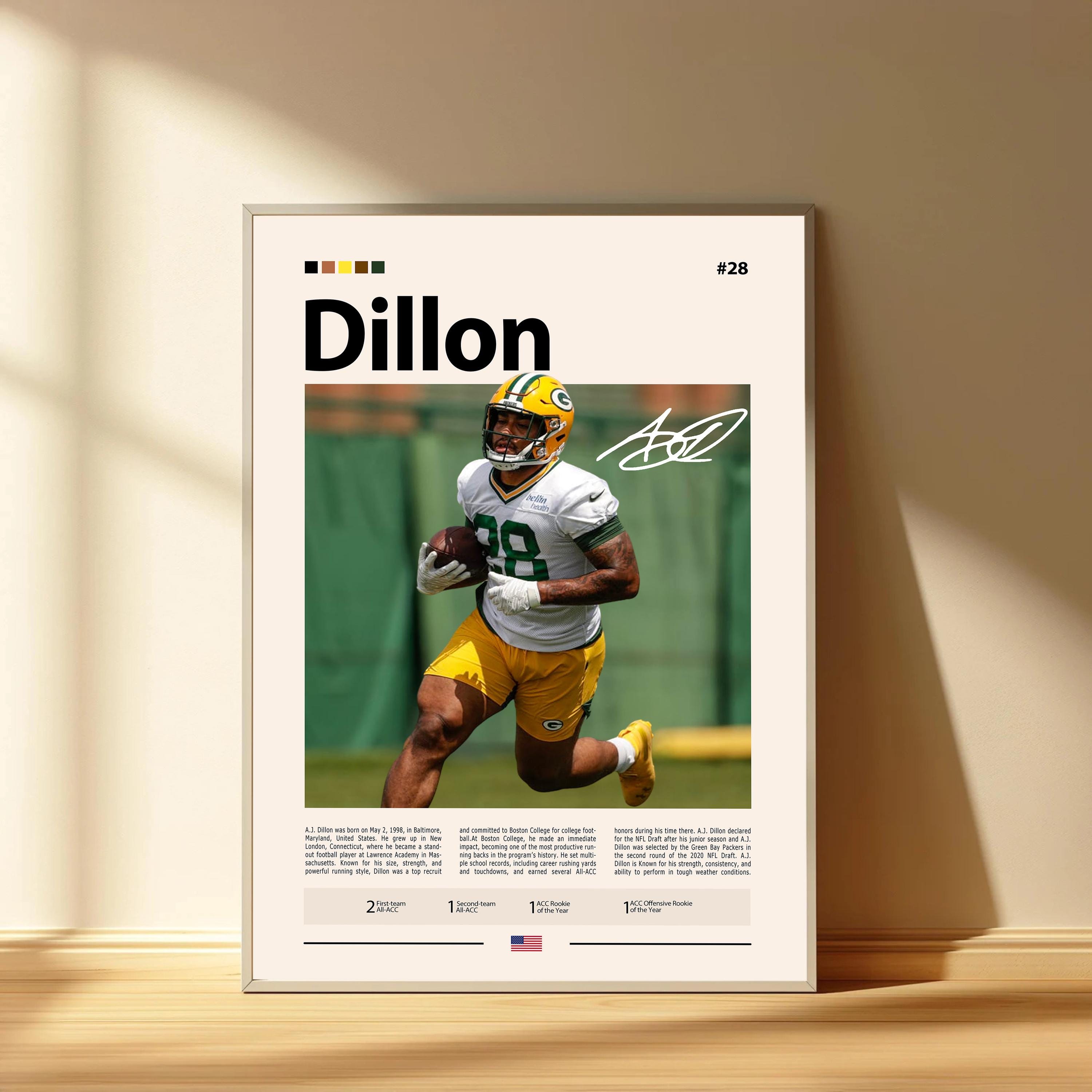 Discover A. J. Dillon Poster, Green Bay Packers Football Poster, Sports Bedroom Posters
