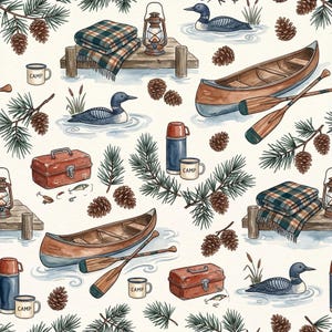 Diseño sin costuras de acampada en canoa en el lago, papel digital, sublimación, impresión bajo demanda (POD), papel para álbumes de recortes, uso comercial.