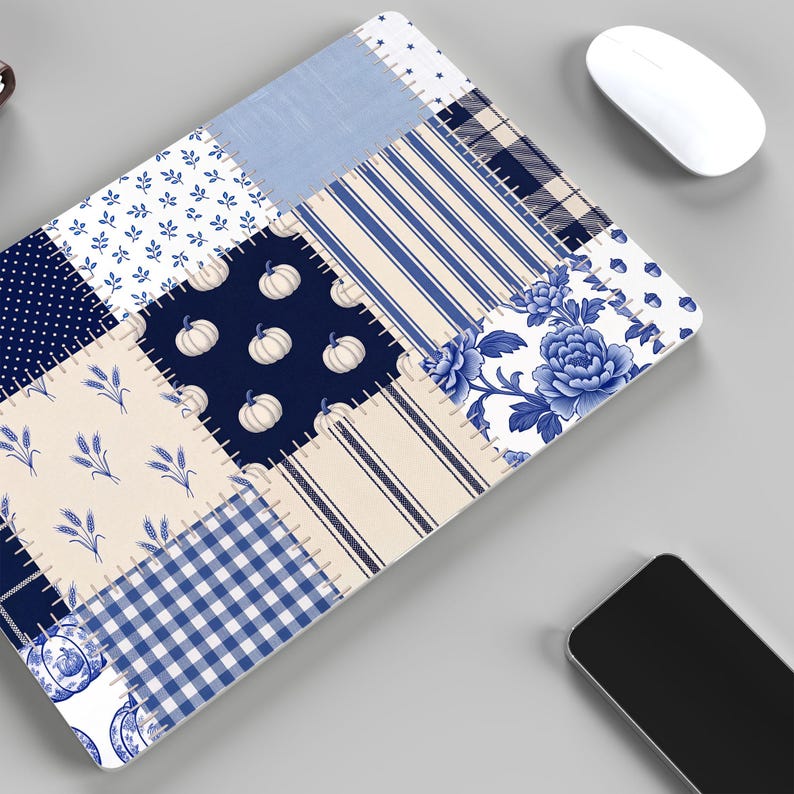 Motivo patchwork autunnale blu senza cuciture, carta digitale con trapunta di zucche e ghiande blu navy, sfondo floreale autunnale a quadretti, carta da regalo immagine 3