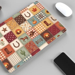 Western Fall Patchwork Seamless Pattern, Rustic Autumn Cowboy Cowgirl Digital Paper for Tumbler Wrap image 2