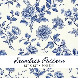 May include: A seamless pattern with blue floral illustrations on a cream backdrop. The design showcases diverse flowers and foliage. The text "Seamless Pattern" is displayed, along with the dimensions 30.48 cm x 30.48 cm and 300 DPI.