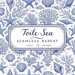 Può includere: Un motivo continuo con illustrazioni a inchiostro blu di stelle marine, varie conchiglie e rami di corallo su sfondo bianco. Una cornice rettangolare centrale contiene il testo Toile Sea SEAMLESS REPEAT FEISTY CUPCAKE.