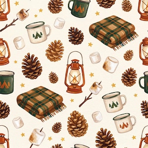 May include: A seamless pattern featuring illustrations of brown pinecones, orange camping lanterns, green and white enamel mugs with tent graphics, folded plaid blankets in green and brown, toasted marshmallows on sticks, and small yellow stars.