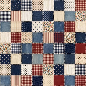 May include: A patchwork quilt design featuring a grid of squares in various patterns and colors. The squares include denim, polka dots, stars, stripes, and floral prints in shades of blue, red, and cream.