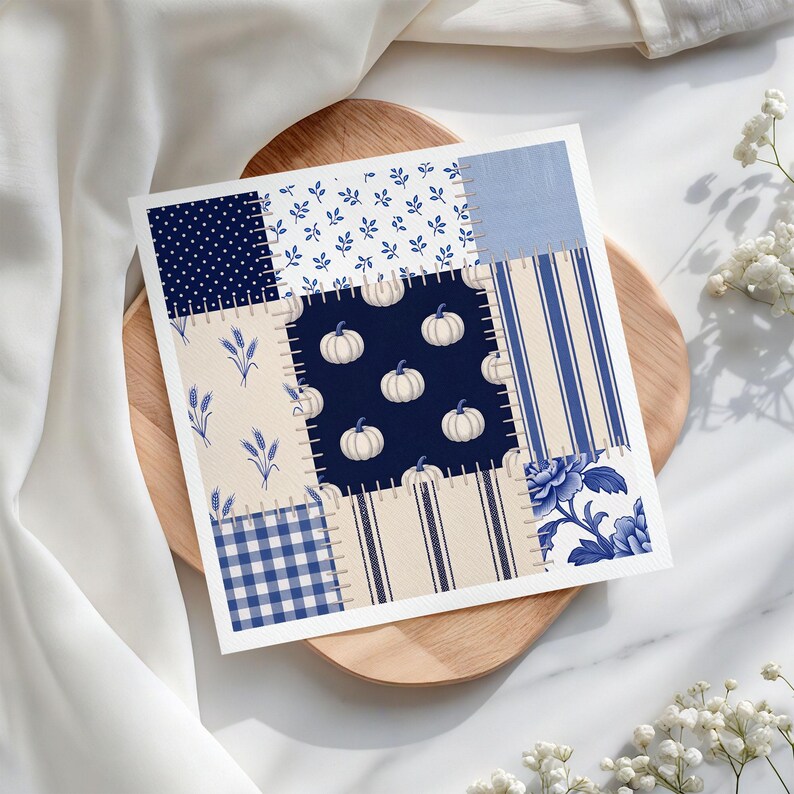 Motivo patchwork autunnale blu senza cuciture, carta digitale con trapunta di zucche e ghiande blu navy, sfondo floreale autunnale a quadretti, carta da regalo immagine 4