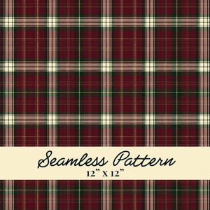 May include: A seamless tartan pattern featuring a deep burgundy red base with intersecting dark green, thin white, and subtle gold lines. A horizontal cream-coloured banner across the centre displays the text Seamless Pattern 30.48 cm x 30.48 cm.