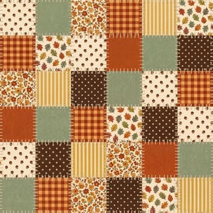 May include: A patchwork design featuring squares of various patterns and colors. The squares include floral, polka dot, plaid, and striped patterns in shades of brown, orange, green, and cream. The squares are stitched together with white thread.
