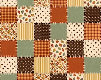 Fall Patchwork Seamless Pattern, Autumn Quilt Digital Paper, Rustic Faux Fabric Thanksgiving Print PNG