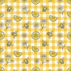 May include: A repeating pattern featuring yellow and white gingham squares. The design includes illustrations of bees, daisies, and lemon slices. The bee and flower illustrations are outlined in black.