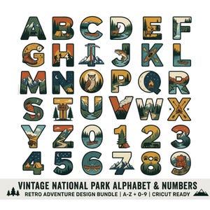 National Park Alphabet PNG, Camping Letters Numbers Bundle, Adventure Clipart, Mountain Hiking Designs Cricut