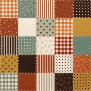 May include: A patchwork design featuring squares of various patterns and colors. The squares include gingham, floral, polka dots, stripes, and leaf and acorn motifs. Colors include orange, brown, teal, and cream, with visible stitching between the squares.